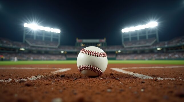 Close-up of a baseball on dirt near home plate in night game