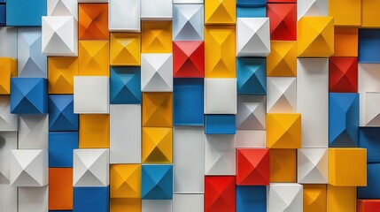 Obraz premium Creative and abstract geometric pattern with colorful squares, triangles, with a rainbow of bright colors for desktop background or decor.