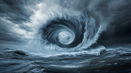 A hurricane in full force over the ocean with massive waves reaching skyward and thick dark clouds swirling overhead.