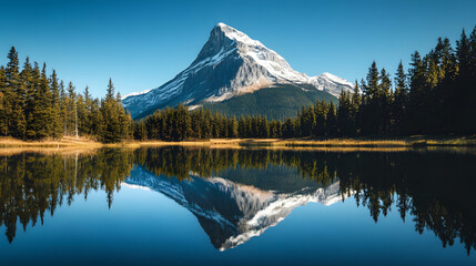A jagged mountain peak reflecting in a shallow mountain lake surrounded by pine trees under a cloudless sky.