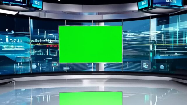 Modern high-tech news studio with green screen for customization
