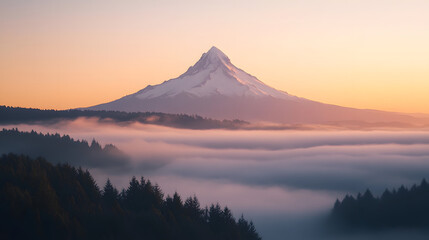 Fototapeta premium A lone mountain rising above a fog-covered valley at dawn with soft light illuminating the peak.