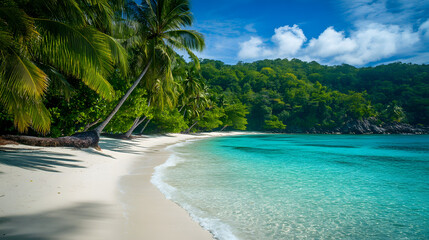 A lush tropical beach with turquoise waters and white sand palm trees swaying in the breeze.