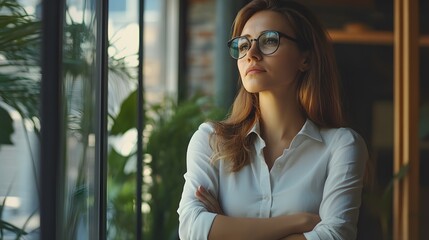 Fototapeta premium Woman in Glasses Looking Out Window With Arms Crossed