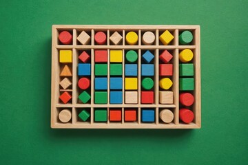 wooden toys, shape sorter board on green background