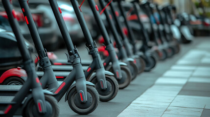 "A modern electric scooter parked on the street, positioned against a backdrop of urban infrastructure. 
