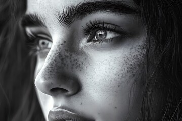 Fototapeta premium Close up portrait of a young woman with freckles, looking away from the camera. Black and white photography concept for beauty, fashion, and emotion.