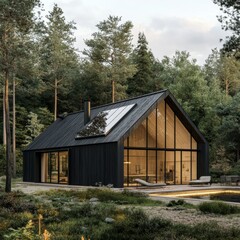 Fototapeta premium a black cabin with a glass roof in the woods
