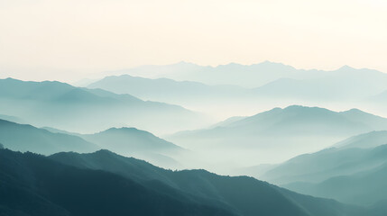 Fototapeta premium A misty mountain ridge with layers of peaks fading into the distance covered in early morning fog.