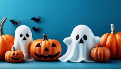 Halloween pumpkins and ghost decorations on blue backdrop.