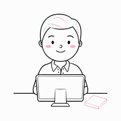 Cheerful boy working on a laptop with a notebook in a bright and friendly environment.
