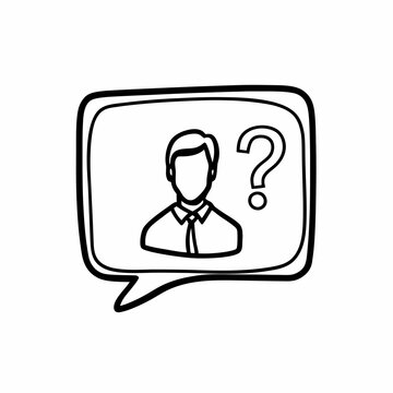 recommend clip art: Line art customer support agent in speech bubble with question mark, minimalist style, black and white
                    