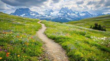 A mountain trail winding through an alpine meadow with wildflowers leading towards towering snow-capped peaks in the distance.