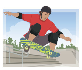 skateboarding, male skateboarder performing an aerial trick with a skatepark in the background
