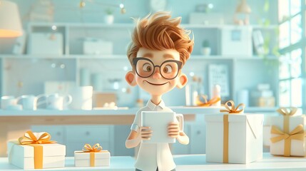 Charming 3D cartoon art of a student gifting a custom mug or tumbler with a teacher's name or favorite quote, practical and sentimental