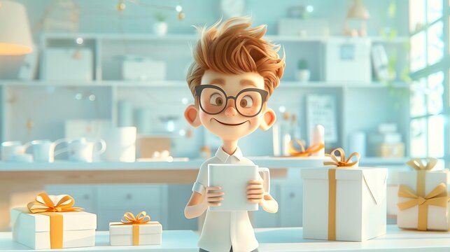 Charming 3D cartoon art of a student gifting a custom mug or tumbler with a teacher's name or favorite quote, practical and sentimental