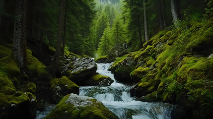 Obraz premium A narrow mountain stream cascading over rocks with vibrant green moss covering the boulders and tall pine trees surrounding the scene.
