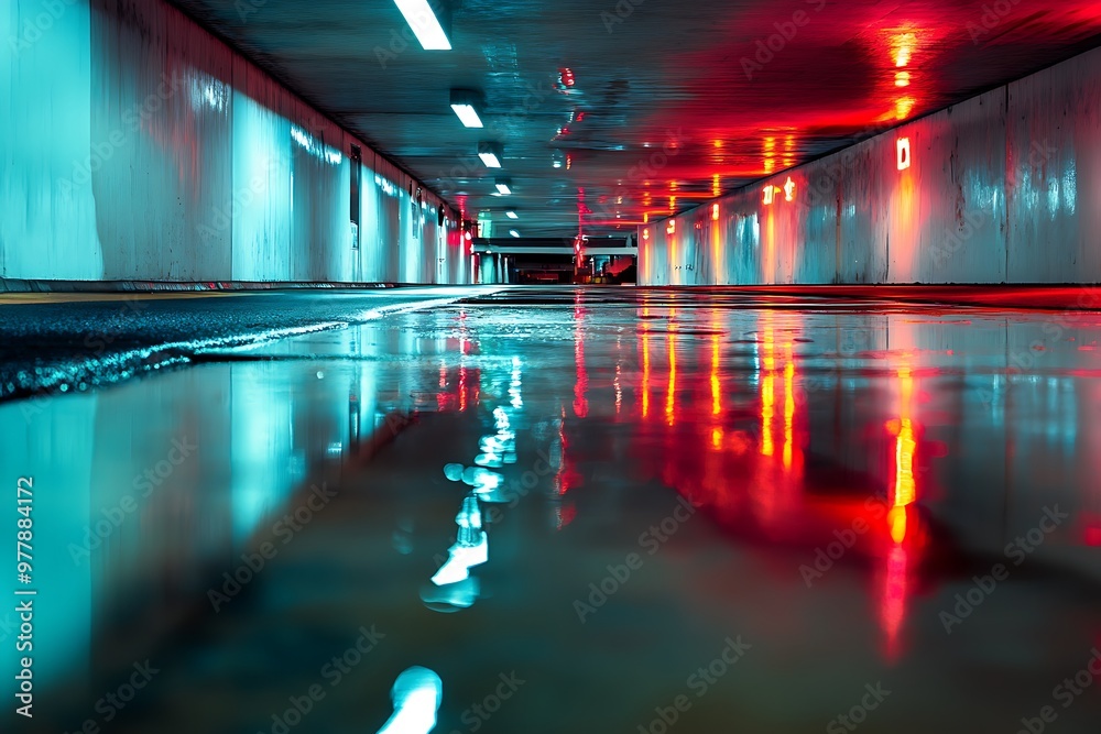 Poster Neon lights reflecting on wet concrete floor in an empty underground parking garage