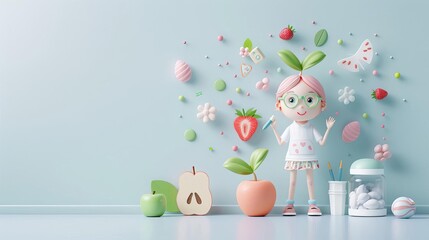 Cute 3D cartoon student setting health and wellness goals like staying active or adopting a balanced diet, promoting physical and mental well-being