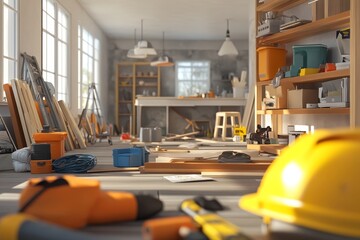 Cartoon style 3d render of living room renovations with carpentry tools and safety focus