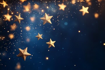 Fototapeta premium Festive blue background with shimmering star bokeh and floating golden stars for celebrations