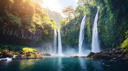 Fototapeta premium A picturesque tropical island with cascading waterfalls flowing into a hidden lagoon surrounded by dense jungle and towering cliffs.