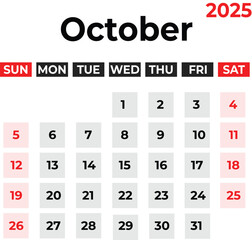october 2025 Monthly Calendar design week starts from sunday