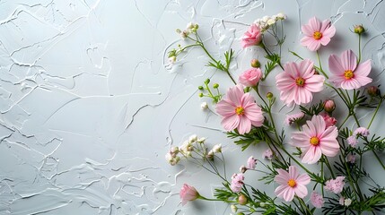 Minimalist floral arrangement with pink and white flowers on textured background, ideal for banners, marketing materials, or backgrounds with copyspace for text
