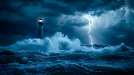 A powerful storm rolling across the open ocean with towering waves crashing against a distant lighthouse and lightning splitting the sky.