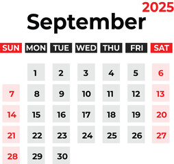 september 2025 Monthly Calendar design week starts from sunday