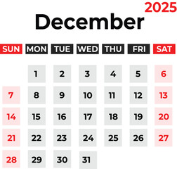 december 2025 Monthly Calendar design week starts from sunday