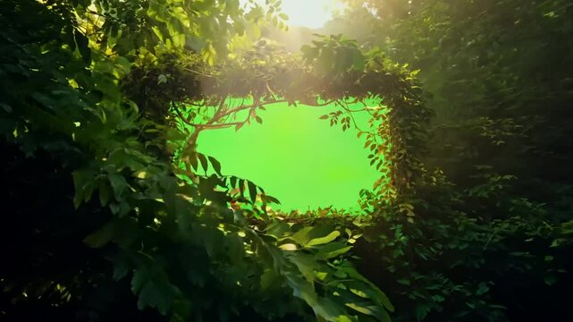 Hidden green screen in a jungle surrounded by dense forest for media display