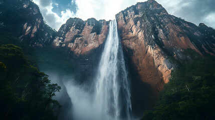 A powerful waterfall cascading down a steep mountain face surrounded by lush vegetation and towering cliffs.