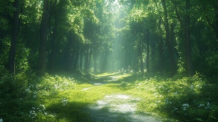 Obraz premium the Lush green forest in spring and summer, showcasing dense foliage and vibrant natural beauty.