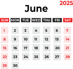 June 2025 Monthly Calendar design week starts from sunday