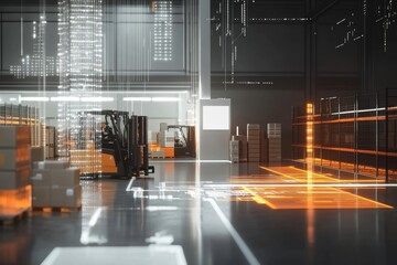 3d illuminated warehouse with holographic visuals, digital blueprints, and moving forklifts
