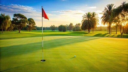 Professional putting green with flag for golf practice