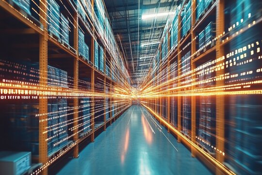 Futuristic industrial warehouse with digital data streams enhancing stock management efficiency - Powered by Adobe