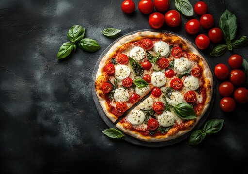 A pizza with mozzarella, cherry tomatoes and basil on top on a background.