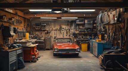Naklejka premium A well-equipped garage with a classic red car in the center, surrounded by tools, equipment, and shelves.