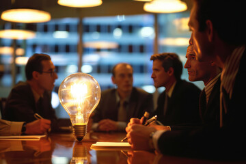 Business meeting with illuminated light bulb as a symbol of innovative ideas in a modern office environment