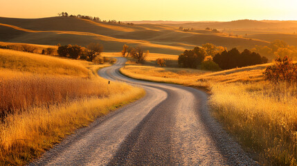 Naklejka premium A quiet rural road winding through rolling hills covered in golden grass under a warm afternoon sun.
