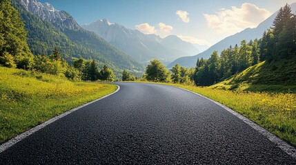 this Asphalt road winding through the Austrian Alps on a sunny summer day, with stunning mountain views.
