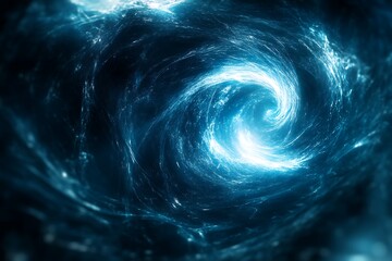 Abstract swirling blue energy vortex with bright white light in the center. 3D digital art, futuristic energy concept.