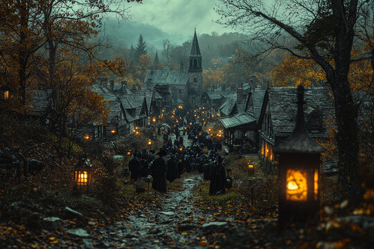 Puritans in colonial America observing All Hallows' Eve with somber prayers and tales of the dead. Concept of Halloween in early America.
