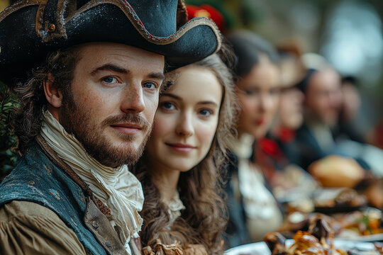 Puritan settlers in the American colonies celebrating a modest Christmas with simple prayers and a quiet dinner. Concept of Christmas in Colonial America.