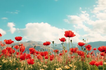 Red poppy flowers blooming in a field against a blue sky with white clouds. Nature background.