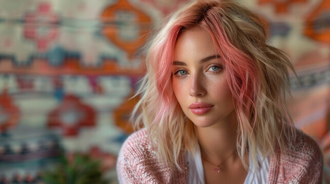 Beautiful girl with pink hair, People lifestyle fashion concept.Portrait of a young modal in pink beachy waves hair cosmetics glamor emotions