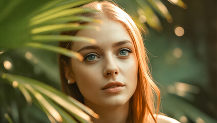 Naklejka premium Portrait of a young woman on a tropical garden with palm leaves.