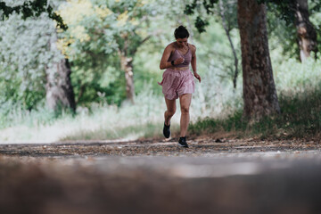 Woman jogging in a serene forested park, engaging in outdoor exercise and enjoying a fitness routine in nature.